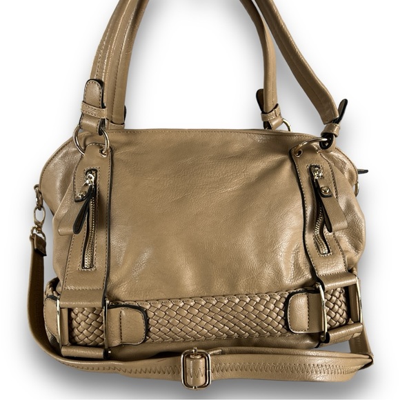 MG COLLECTION Tan Leather Woven  Hobo Bag Satchel Gold Accent Crossbody Strap - Picture 1 of 16